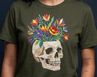 Camiseta con calaveras y flores recortadas en papel, camiseta floral de calavera de arte popular, camiseta gráfica bohemia.
