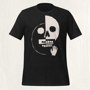 Folk Art Duality Skull T-Shirt, Block Print Graphic Tee, Dark Academia Unisex Shirt Black Heather