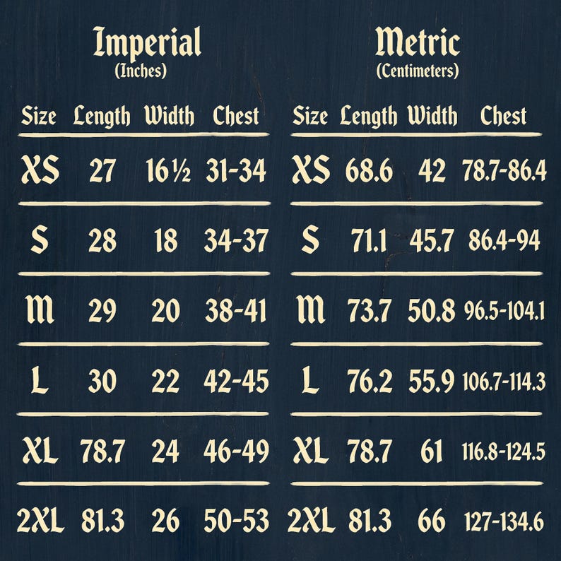 May include: A navy blue chart with white text detailing garment measurements in inches and centimeters. The chart includes sizes XS to 2XL, with measurements for length, width, and chest. The imperial measurements are in inches.