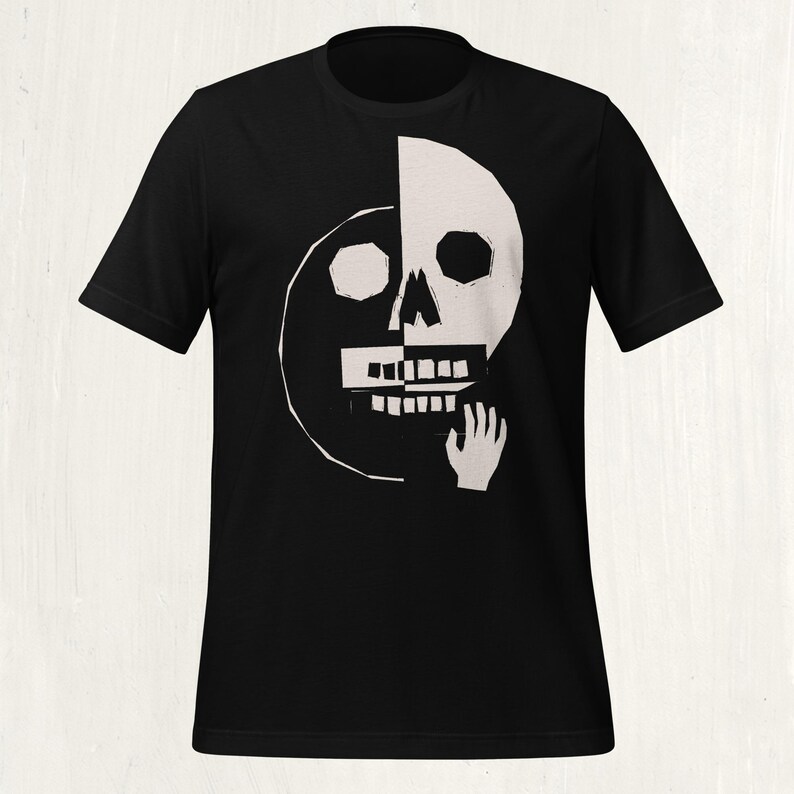 Folk Art Duality Skull T-Shirt, Block Print Graphic Tee, Dark Academia Unisex Shirt Black