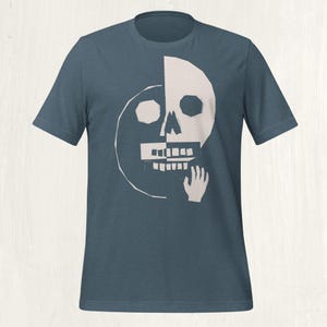 Folk Art Duality Skull T-Shirt, Block Print Graphic Tee, Dark Academia Unisex Shirt Heather Slate
