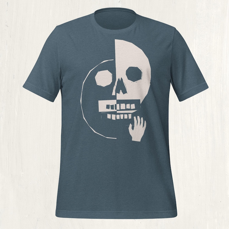 Folk Art Duality Skull T-Shirt, Block Print Graphic Tee, Dark Academia Unisex Shirt Heather Slate