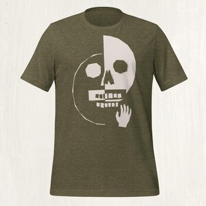 Folk Art Duality Skull T-Shirt, Block Print Graphic Tee, Dark Academia Unisex Shirt Heather Olive