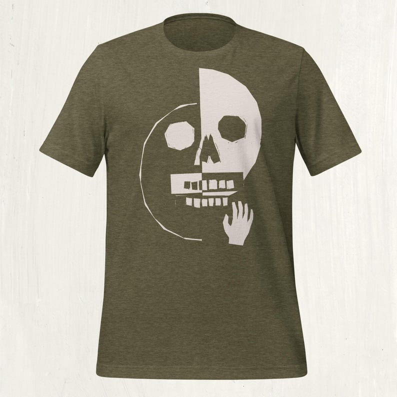 Folk Art Duality Skull T-Shirt, Block Print Graphic Tee, Dark Academia Unisex Shirt Heather Olive