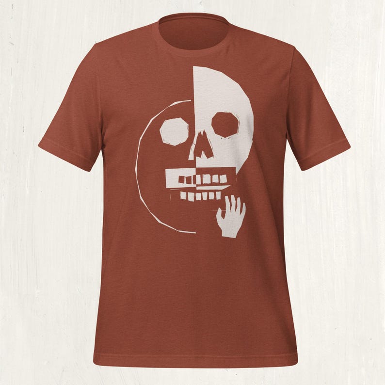 Folk Art Duality Skull T-Shirt, Block Print Graphic Tee, Dark Academia Unisex Shirt Heather Clay