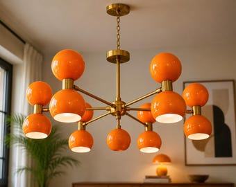 Moderne oranje bolkroonluchter uit het midden van de eeuw – messing Spoetnik-plafondlamp – Retro Space Age-hanglamp – Moderne verlichting in Italiaanse stijl