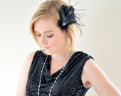 Vintage Jewel 1920s Feather Hair Clip - 1920s Hair clip Flapper Black Grey - and Smokey Blue - Aurelie