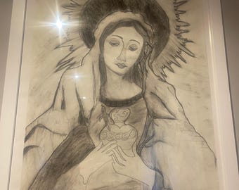 Handmade White Framed Virgen De Guadalupe Black Charcoal Drawing 22"Wx26LKeitly