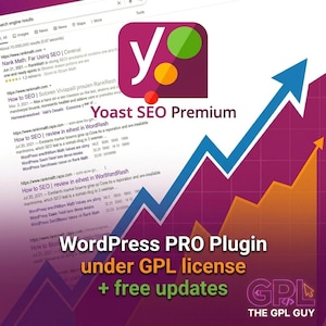 Może przedstawiać: Grafika cyfrowa promująca Yoast SEO Premium i wtyczkę WordPress PRO. Obraz zawiera logo Yoast, niebieską strzałkę w górę i tekst "WordPress PRO Plugin under GPL license + free updates."