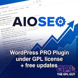 Puede incluir: Gráfico digital que promociona un plugin WordPress PRO. La imagen presenta el texto "AIOSE" en azul, un icono de engranaje y una flecha ascendente. El texto adicional incluye "WordPress PRO Plugin under GPL license + free updates."