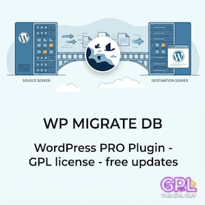 May include: An illustration depicting data migration between two servers, labeled "Source Server" and "Destination Server." The image includes the WordPress logo and the text "WP MIGRATE DB." Additional text reads "WordPress PRO Plugin - GPL license - free updates."