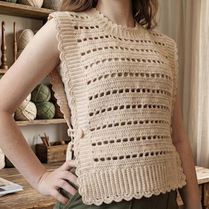 May include: A sleeveless cream-colored crochet vest featuring a round neckline, a repeating horizontal openwork pattern, and a scalloped edge trim. The garment is secured at the side with a small button closure and has a ribbed hem at the bottom.