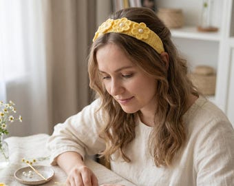 Crochet flower headband pattern boho daisy hair band tutorial (PDF) diy hairband gift