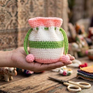 May include: A small, round, crocheted drawstring pouch featuring horizontal stripes in white, light green, and soft pink. The bag has a pink top edge, a white body with a green band, a pink base, and two green braided drawstrings with small pink spheres.