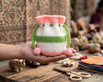 Patroon gehaakte potli-tas voor beginners, zelfstudie mini zakje met trekkoord