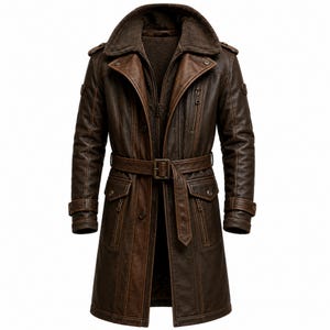 May include: A brown leather trench coat with a belted waist, a shearling collar, and multiple pockets. The coat has a double-breasted design with a zipper closure and button details. The coat's length is approximately 45 inches.