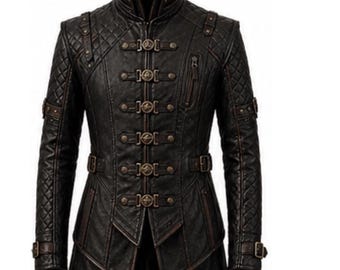 Men's Military Leather Jacket, Stand Collar Gothic Coat, Vintage Motorcycle Style