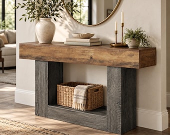 Farmhouse 63 Inch Console Table with 2 Tier Storage and U Shaped Base