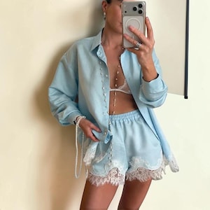 SkyLace Shirt and Shorts Set Womens Patchwork Blouse and High Waist Shorts Two Piece Outfit