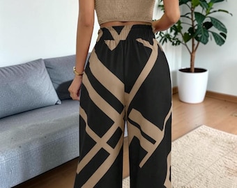 PrintMuse Camisole Set Frauen Solid Top und bedruckte Hose mit weitem Bein Zweiteiler Outfit