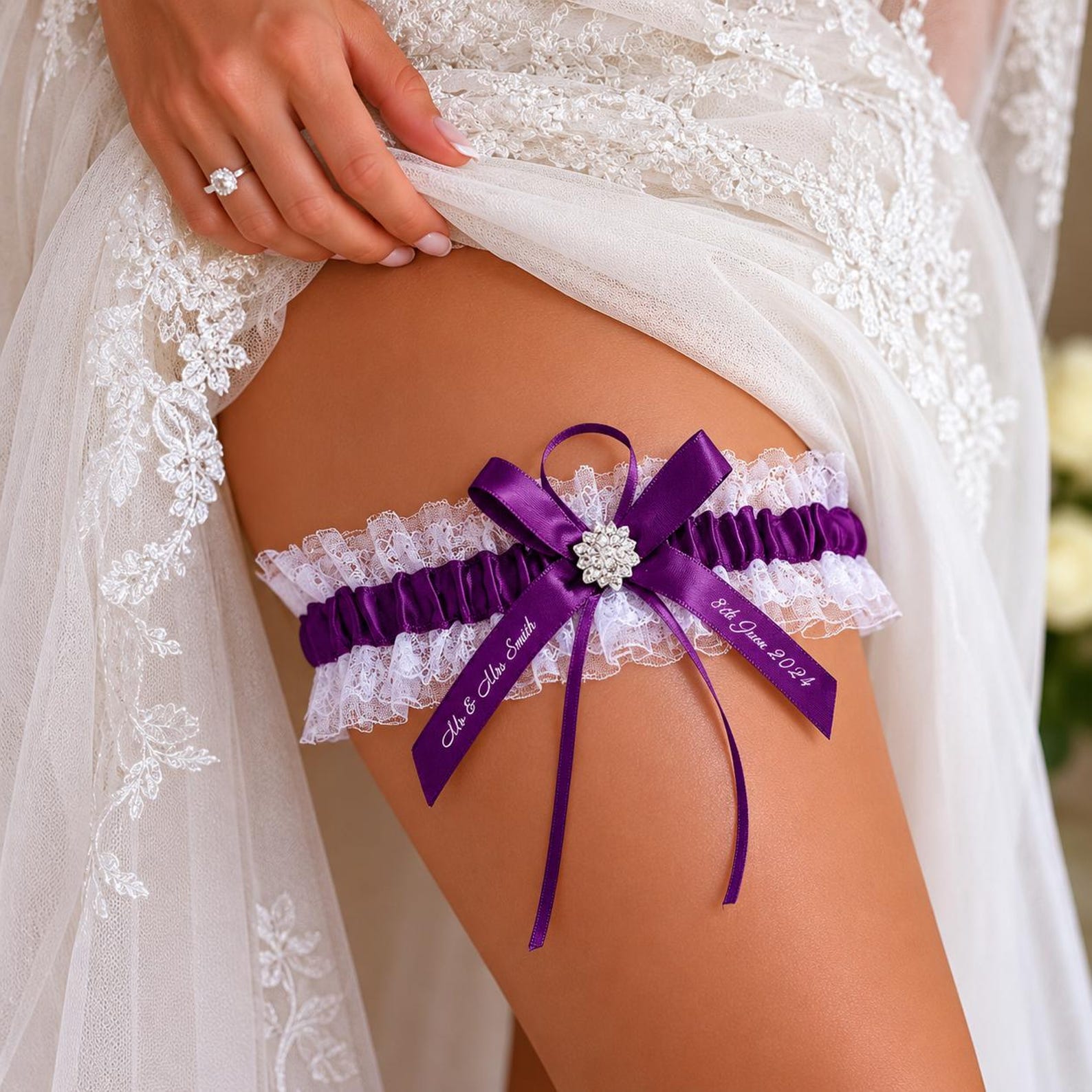 Purple special occasion belts and sashes - custom purple lace wedding garter belt