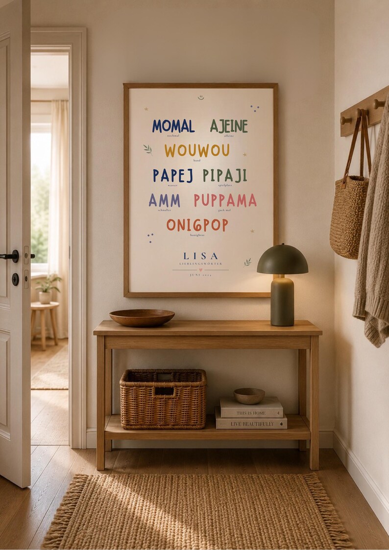 May include: A framed wall art print featuring colorful text including MOMAL, AJEINE, WOUWOU, PAPEJ, PIPAJI, AMM, PUPPAMA, ONIGPOP, and LISA, displayed above a wooden console table with a green lamp, a wooden bowl, a woven basket, and two books.