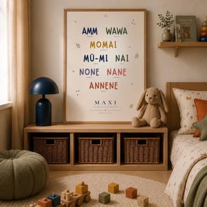 May include: A framed vertical poster with a white background featuring colorful text including AMM, WAWA, MOMAI, M&Uuml;-MI, NAI, NONE, NANE, ANNENE, and MAXI, decorated with small stars and leaf illustrations, displayed on a wooden shelf unit.