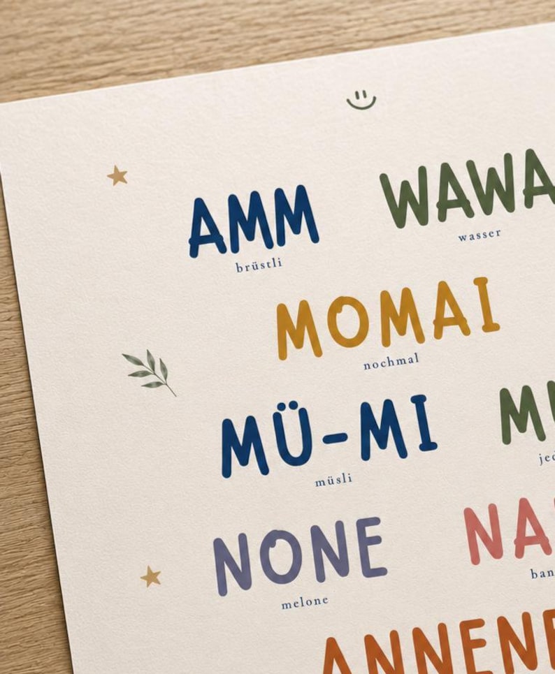 May include: A cream-colored poster featuring rows of colorful, bold, hand-lettered words including AMM, WAWA, MOMAI, M&Uuml;-MI, and NONE. Each word is paired with a smaller, simple text label underneath. Small decorative icons like stars, a leaf, and a smiley face are scattered across the page.