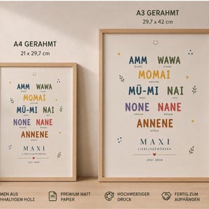 May include: Two framed posters in light wood frames, labeled A4 GERAHRMT 21 x 29.7 cm and A3 GERAHRMT 29.7 x 42 cm. The posters feature colorful text including AMM, WAWA, MOMAI, M&Uuml;-MI, NAI, NONE, NANE, ANNENE, MAXI, LIEBLINGSW&Ouml;RTER, and JULI 2024.