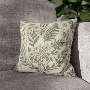 Botanical Paisley Square Pillowcase | Green Fern Floral Cushion Cover