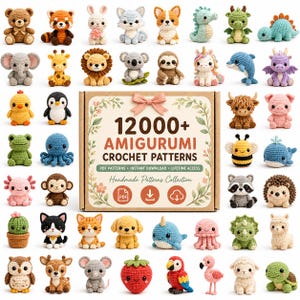 以下が含まれることがあります： 12000+ AMIGURUMI CROCHET PATTERNSという文字が書かれた段ボール箱。その周りには、クマ、ライオン、ゾウ、キリン、タコ、イチゴなど、様々な小さくてカラフルな編みぐるみの動物や植物のフィギュアが配置されています。