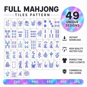 Op de afbeelding: Een digitale collectie van 49 unieke Mahjong-tegelpatronen met blauwe en paarse gradiëntillustraties van bloemen, bamboe, draken en traditionele karakters. De afbeelding bevat de tekst FULL MAHJONG TILES PATTERN.