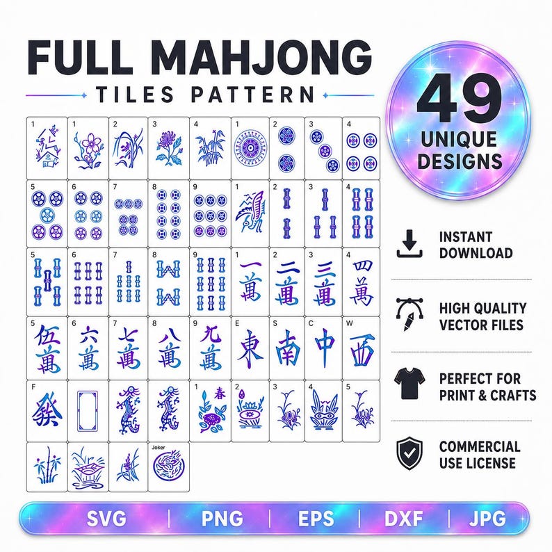 May include: A digital collection of 49 unique Mahjong tile designs featuring blue and purple gradient illustrations of flowers, bamboo, dragons, and traditional characters. The graphic includes text labels like FULL MAHJONG TILES PATTERN.