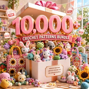 May include: A large white gift box overflowing with various colorful crochet amigurumi figures, including bunnies, bears, frogs, and unicorns, alongside crocheted sunflower bags. The text 10,000+ CROCHET PATTERNS BUNDLE is displayed above, with small PDF icons floating around.