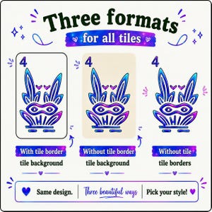 May include: A graphic display titled Three formats for all tiles showing three variations of a blue and purple rabbit-like icon labeled 4. The options include with tile border, without tile border, and without tile borders, with text at the bottom.