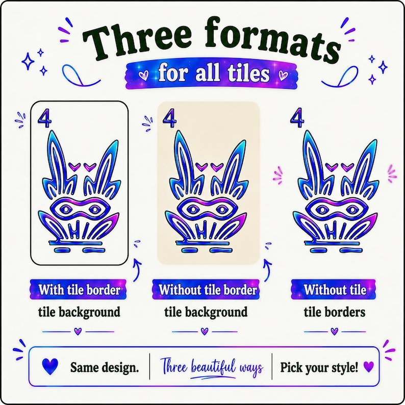 May include: A graphic display titled Three formats for all tiles showing three variations of a blue and purple rabbit-like icon labeled 4. The options include with tile border, without tile border, and without tile borders, with text at the bottom.
