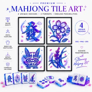May include: A digital collection of four square Mahjong tile art designs featuring blue and purple gradients. The set includes a Chinese character, a cherry blossom, a stylized mask, and a floral sprig, accompanied by physical Mahjong tiles.