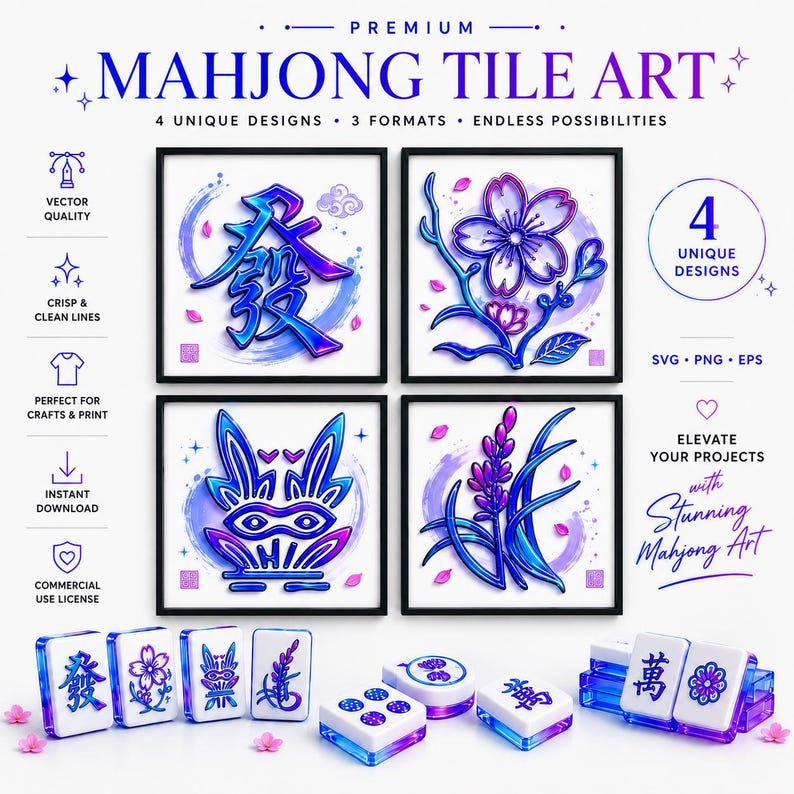 May include: A digital collection of four square Mahjong tile art designs featuring blue and purple gradients. The set includes a Chinese character, a cherry blossom, a stylized mask, and a floral sprig, accompanied by physical Mahjong tiles.
