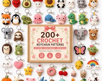 May include: A collection of various colorful crochet animal and food keychains arranged around a cardboard box labeled 200+ CROCHET KEYCHAIN PATTERNS with PDF, download, and cloud icons. The keychains feature diverse shapes including fruits, animals, and sweets.