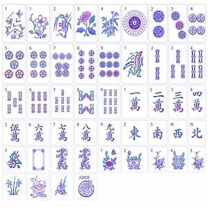 May include: A complete set of white mahjong tiles featuring blue and purple gradient illustrations. The collection includes numbered suits of dots, bamboo, and characters, along with wind tiles, dragon tiles, flower tiles, and a joker tile.