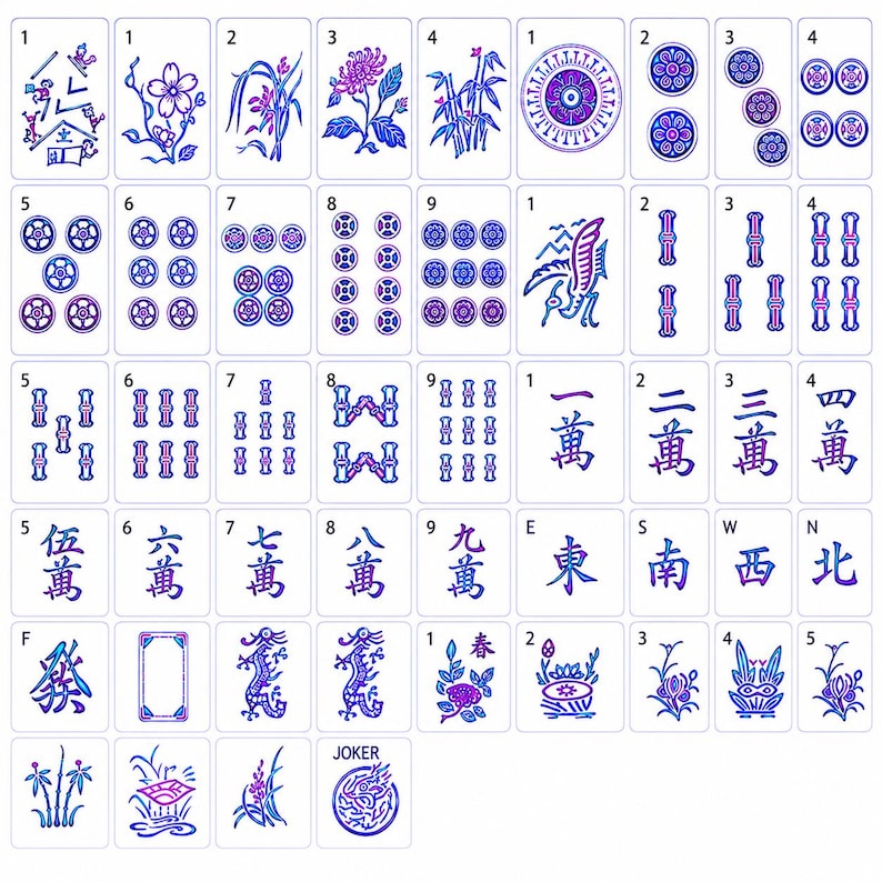 May include: A complete set of white mahjong tiles featuring blue and purple gradient illustrations. The collection includes numbered suits of dots, bamboo, and characters, along with wind tiles, dragon tiles, flower tiles, and a joker tile.