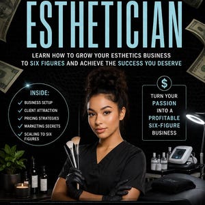 Op de afbeelding: Promotieafbeelding voor een gids getiteld "Hoe een zescijferige schoonheidsspecialiste te worden". De cover toont een vrouw die make-up borstels vasthoudt. De gids belooft te helpen bij het laten groeien van een schoonheidssalon. De afbeelding bevat tekst over bedrijfsopzet, klantenwerving en marketinggeheimen.