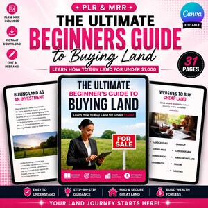Könnte beinhalten: Ein digitaler Ratgeber mit dem Titel The Ultimate Beginners Guide to Buying Land, bestehend aus 31 Seiten. Das Cover zeigt eine Person im Anzug mit einem Tablet auf einem Feld und ein For Sale-Schild. Enthält Abschnitte zu Investitionen und Webseiten.