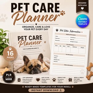 Può includere: Un modello di pianificatore per la cura degli animali domestici di 16 pagine con una copertina raffigurante un bulldog francese e un foglio informativo per il pet sitter. Il testo include Pet Care Planner, This Planner Belongs To e Pet Sitter Information.
