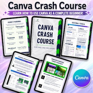 May include: A digital guide titled Canva Crash Course featuring five tablet screens displaying instructional content on font pairing, editing tools, locking design elements, and uploading photos, with the Canva logo in the bottom right corner.
