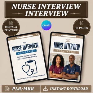 Könnte beinhalten: Zwei digitale Tablets mit "The Nurse Interview Cheat Sheet". Eines zeigt eine Stethoskop-Grafik, das andere zwei Krankenschwestern. Das Bild enthält den Text "Digital & Printable", "13 Seiten", "PLR/MRR" und "Instant Download".