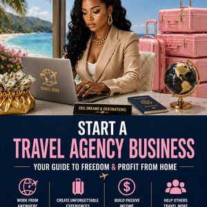 Puede incluir: Una mujer con una blazer beige está sentada en un escritorio con una computadora portátil, dinero y equipaje rosa. La computadora portátil muestra las palabras "TRAVEL BOSS". La imagen promueve el inicio de un negocio de agencia de viajes, con texto como "Start a Travel Agency Business" y "33 Pages | PLR & MRR."
