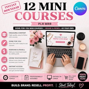 Könnte beinhalten: Werbebild für 12 Mini-Kurse, mit einem Laptop, der einen Willkommensbildschirm für den Kurs anzeigt. Der Text enthält "Sofort-Download", "Fertig für Sie" und "Rebranding & Wiederverkauf". Ein Notizbuch mit "Planen Sie Ihren Erfolg" ist sichtbar, zusammen mit Blumen und einer brennenden Kerze.