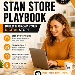 May include: A digital marketing guide titled The Ultimate Stan Store Playbook, featuring text about building and growing a digital store, step-by-step guides, marketing strategies, and profit maximization. Includes 46 pages, PLR and MRR rights.