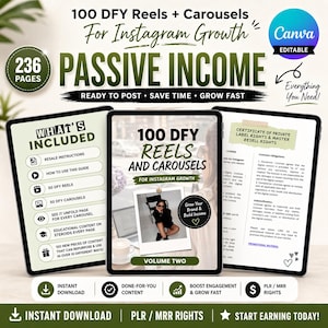 May include: Digital product cover with the text "100 DFY Reels + Carousels For Instagram Growth" and "Passive Income." The image includes three tablets displaying content, including resale instructions and educational content. The product is Canva editable.